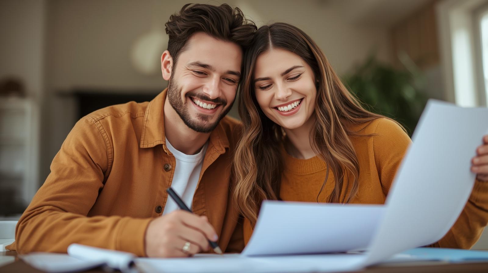 Una pareja joven revisando planos o firmando documentos con una sonrisa, transmitiendo tranquilidad y confianza - Agente Inmobiliario